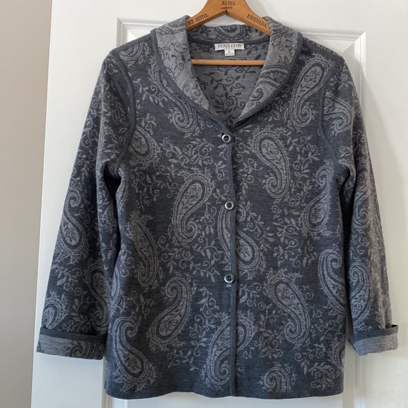 Pendleton Reversible Paisley Gray Cardigan Sweater w Collar - Picture 6 of 11